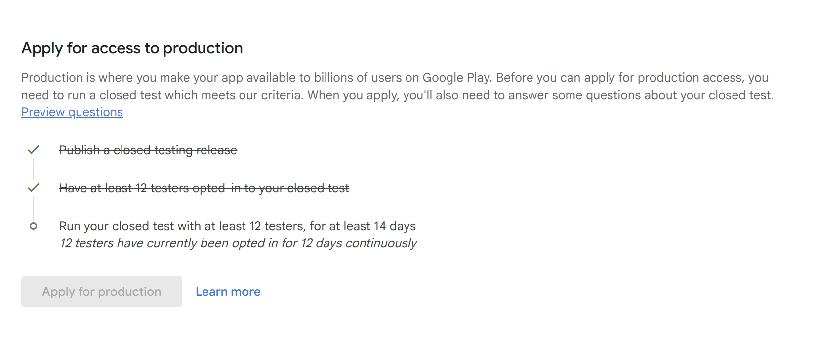 Google Play Console showing 12 testers requirement