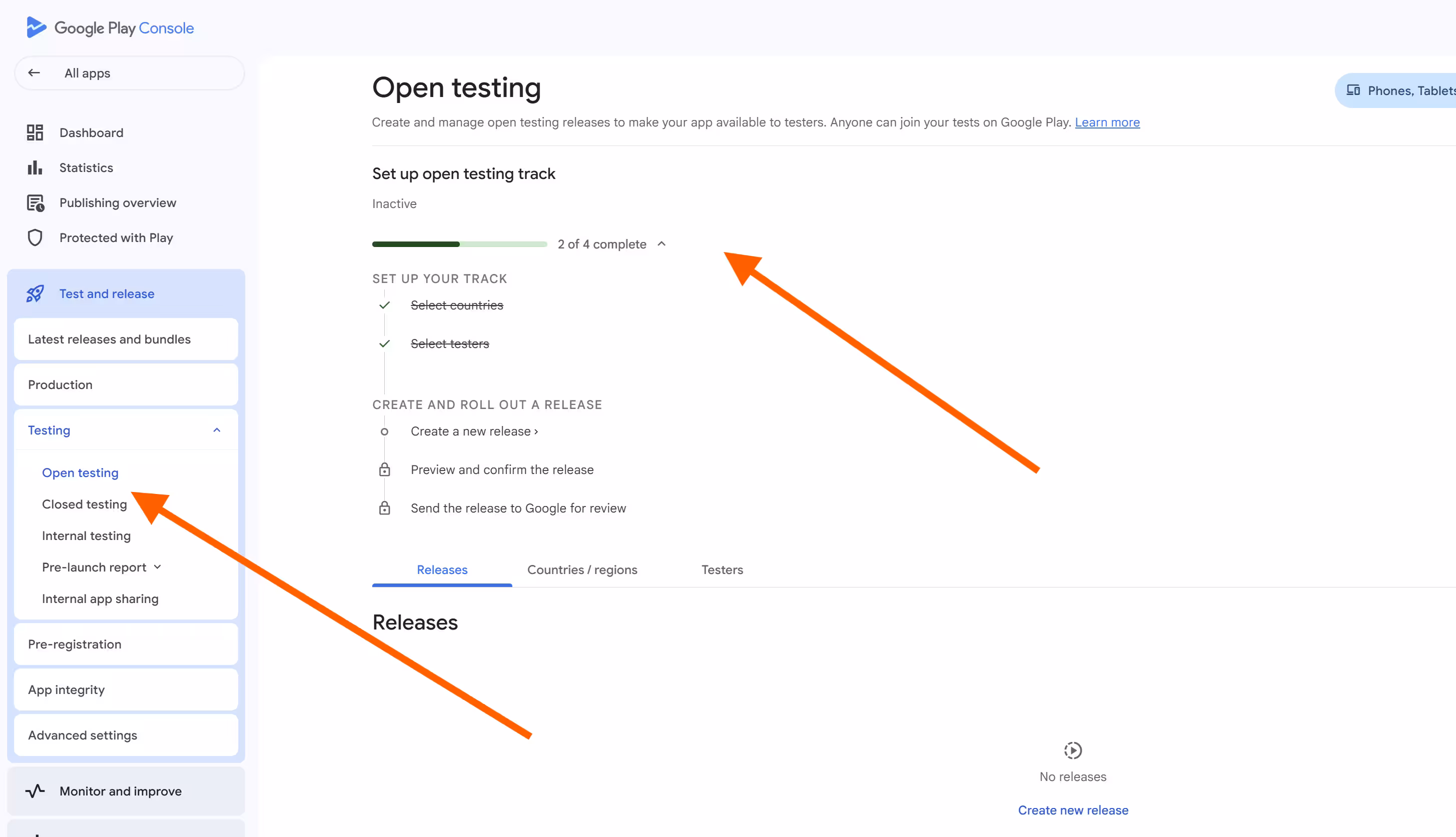 Google Play Console open testing page showing the set-up checklist at 2 of 4 complete with Select countries and Select testers ticked, and arrows marking Open testing in the Test and release sidebar