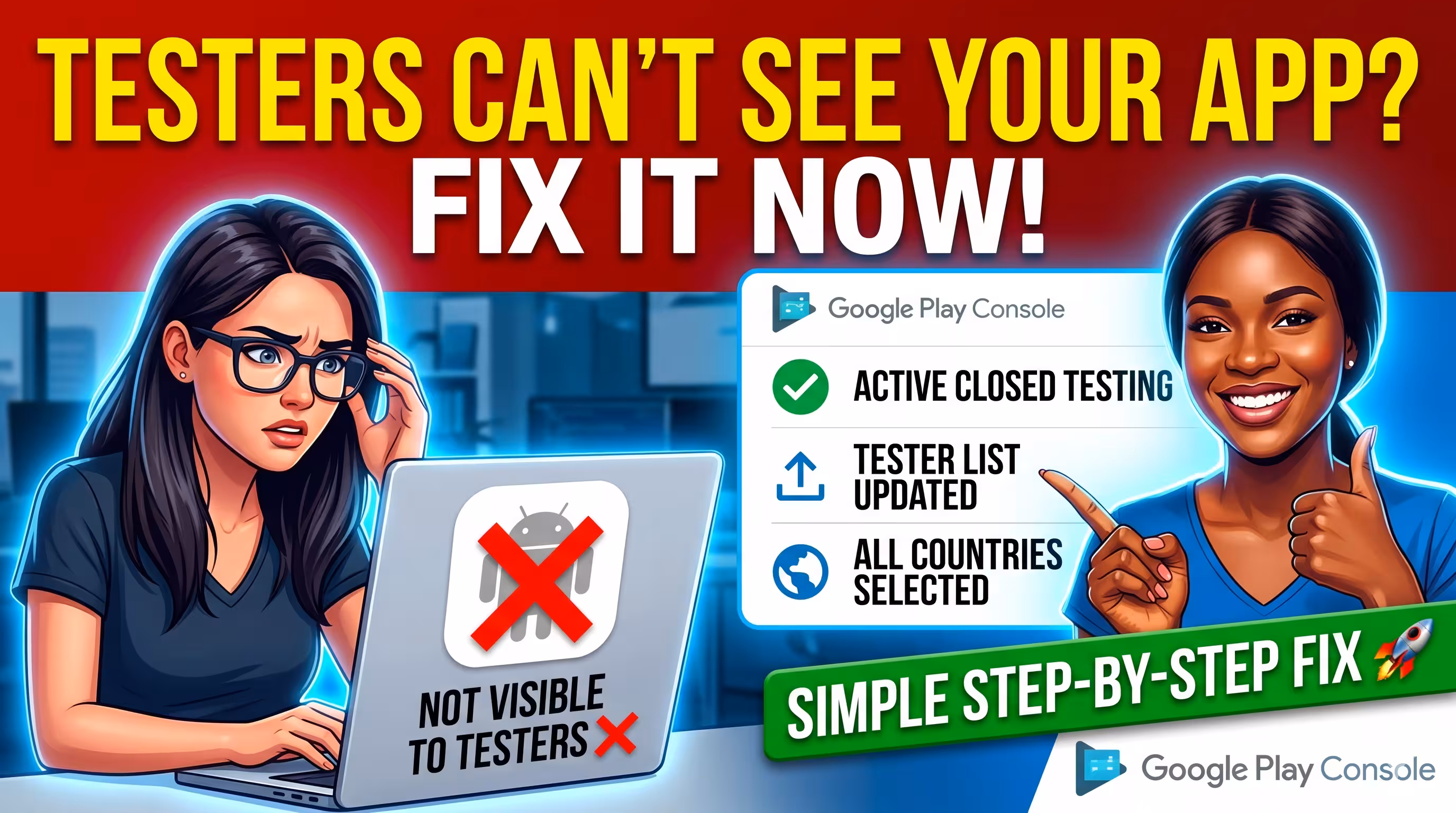Google Play Console closed testing dashboard with the 5 reasons testers cannot see your app: track mismatch, unselected tester list, internal vs closed link, country restrictions, and pending Google review