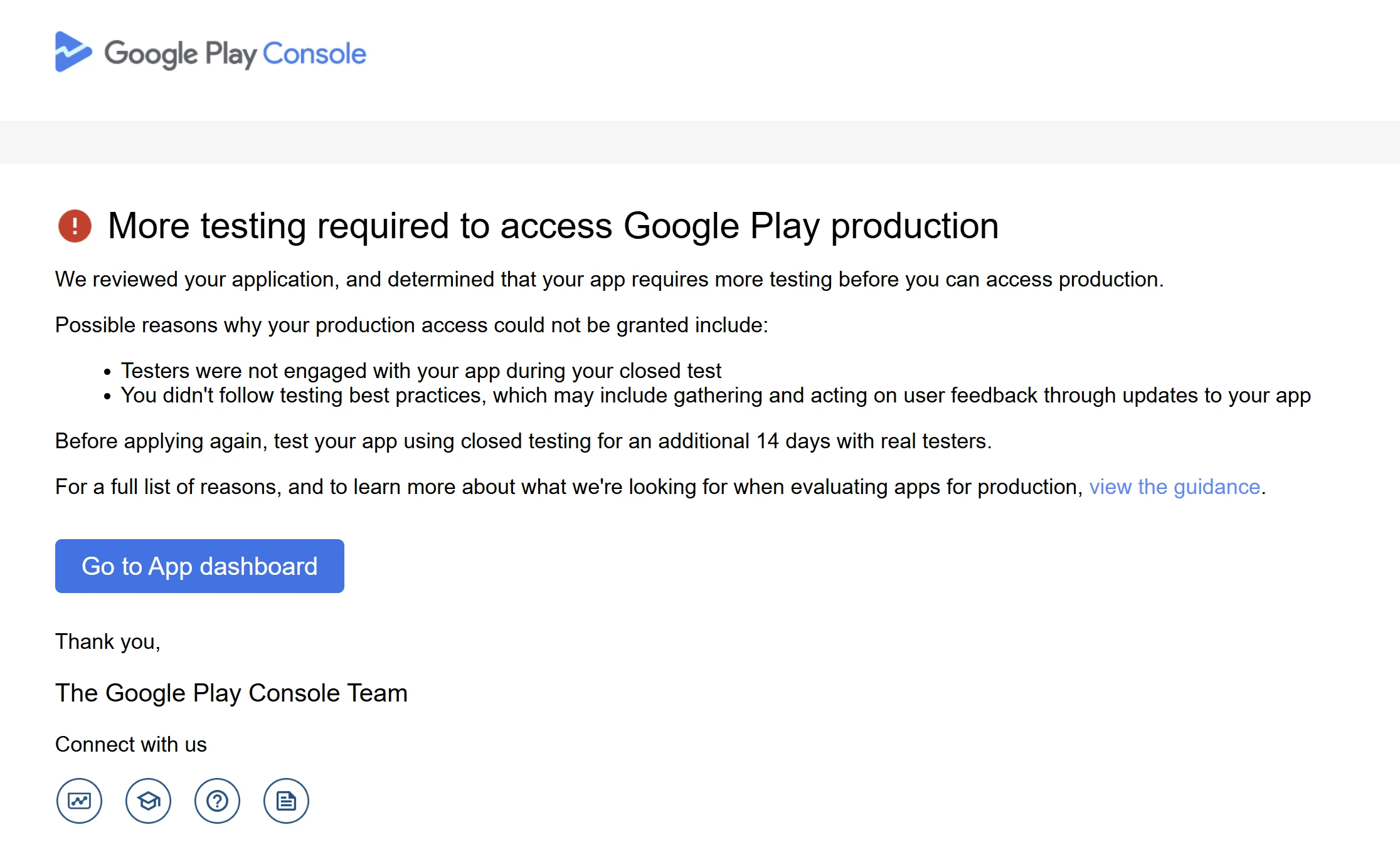 Google Play Console showing more testing required message