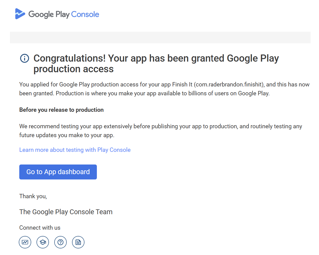 Google Play Console showing app granted production access after closed testing with PrimeTestLab